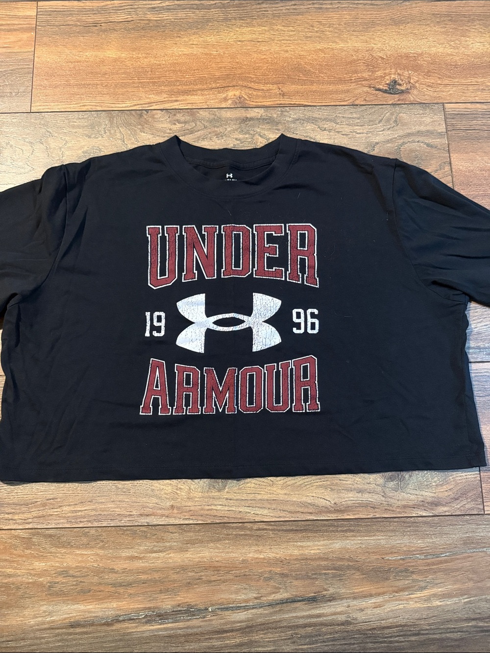 Under Armour cropped Black Tee with Maroon and White Logo